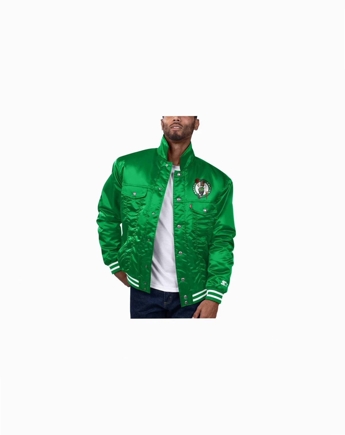 x Levi's Men's Kelly Green Boston Celtics Silver Label Trucker Satin Full-Snap Jacket