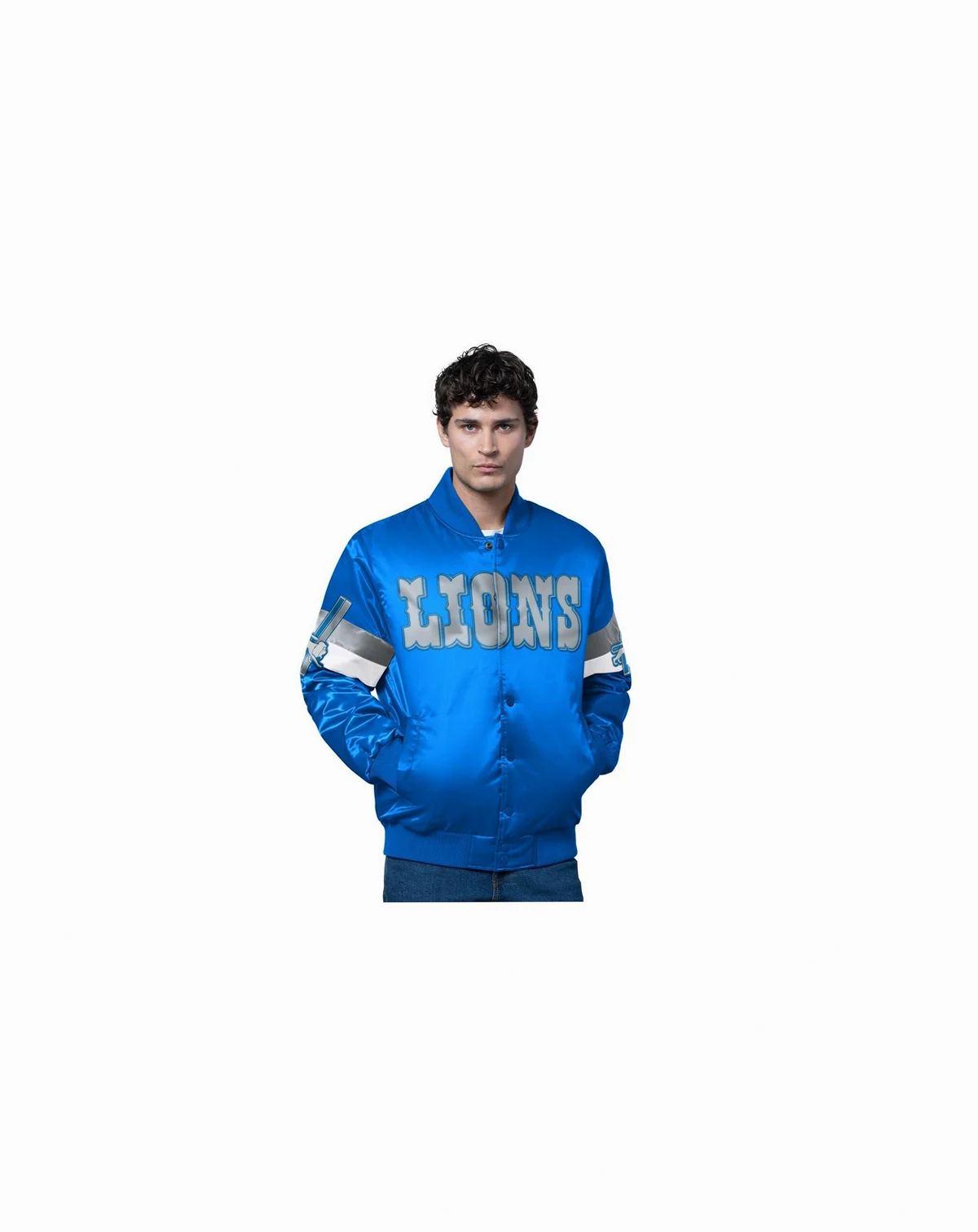 Men's Blue Detroit Lions Triple Option Satin Varsity Vintage Logo Full-Snap Jacket