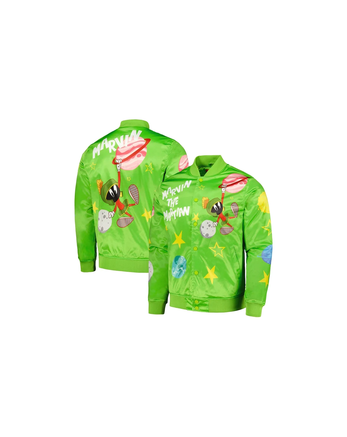 Men's Green Looney Tunes Marvin the Martian Graphic Satin Full-Snap Jacket