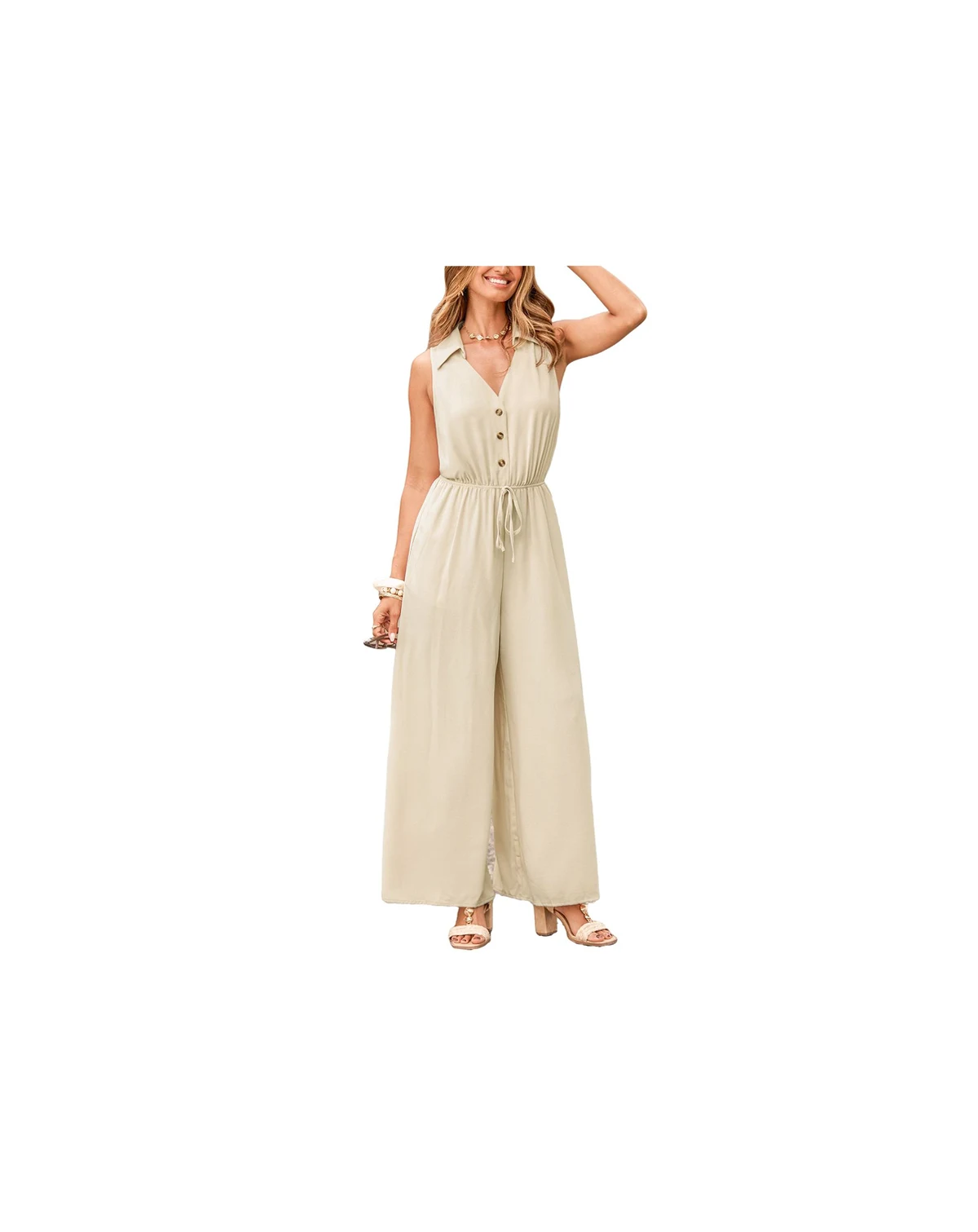 Women's Collared Button-Front Wide-Leg Jumpsuit