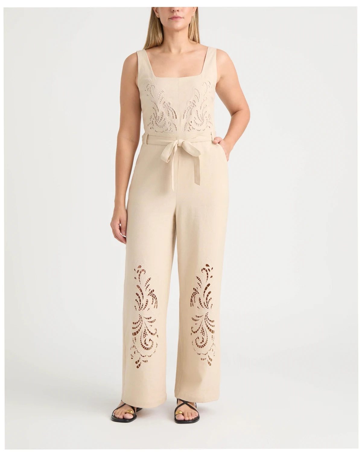 Women's Linen Jumpsuit with Embroidery Detailing
