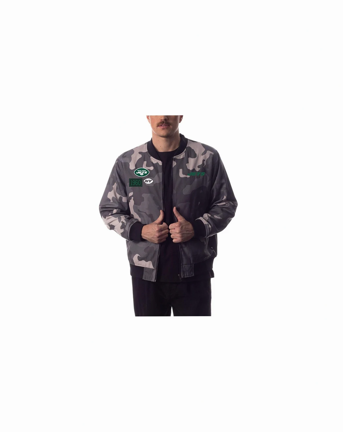 Men's and Women's Gray Distressed New York Jets Camo Bomber Jacket