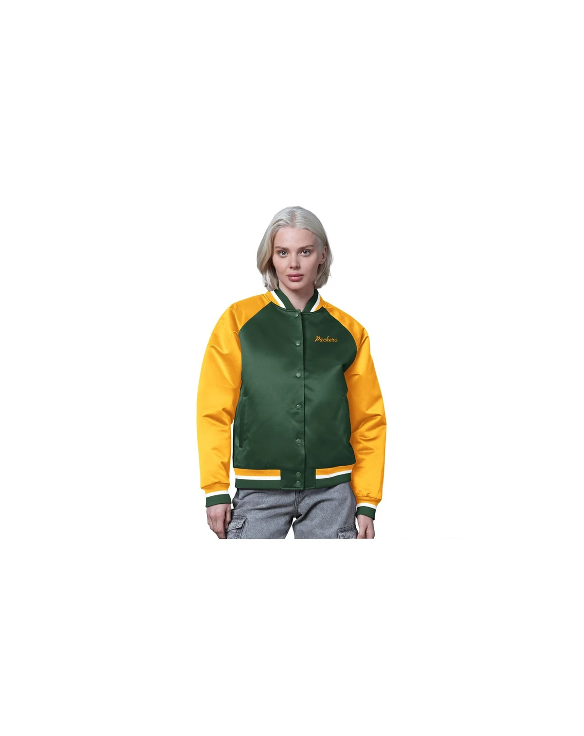 Women's Green/Gold Green Bay Packers Satin Full-Snap Vintage Varsity Jacket