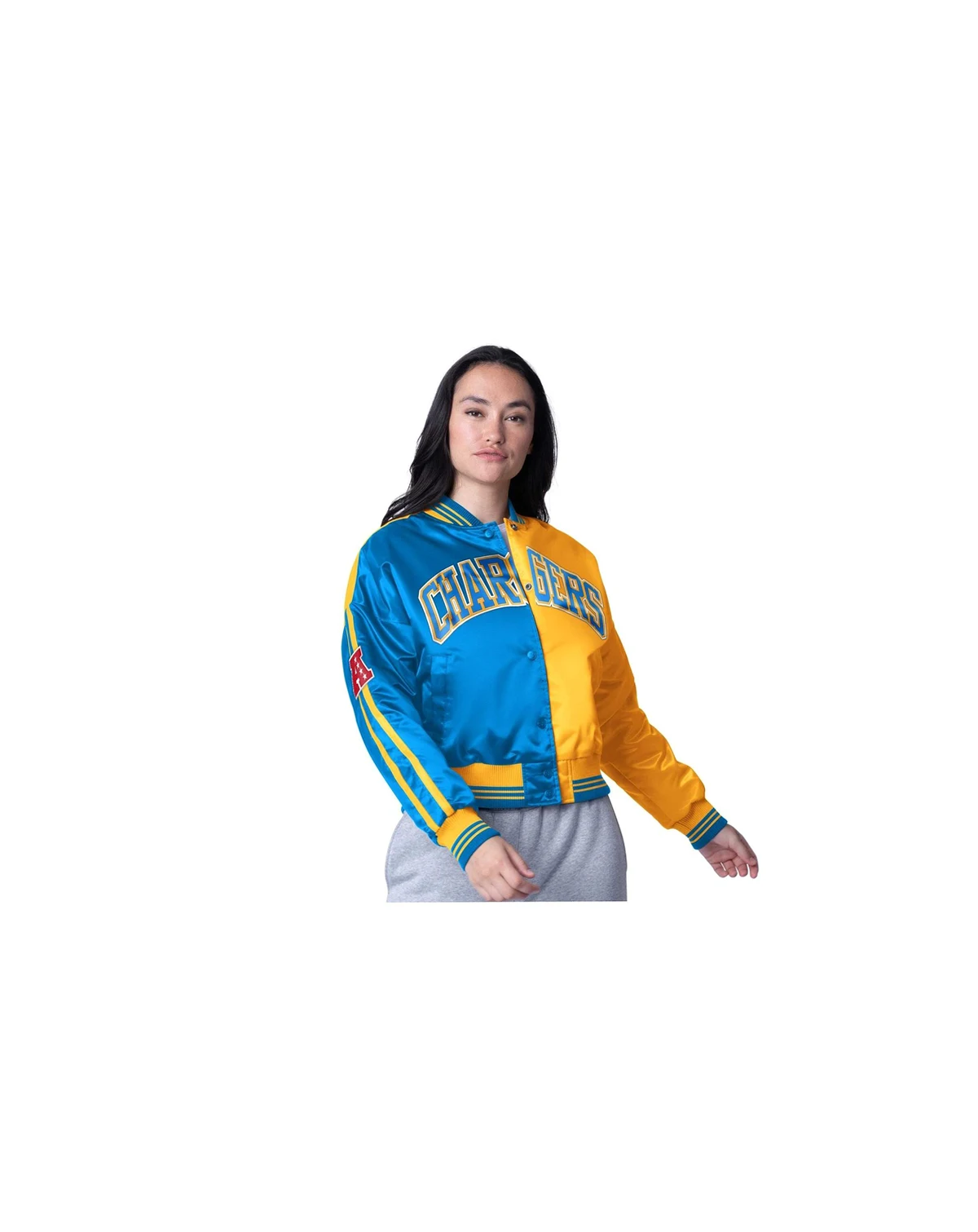Women's Powder Blue/Gold Los Angeles Chargers Zone Blitz Cropped Full-Snap Satin Jacket
