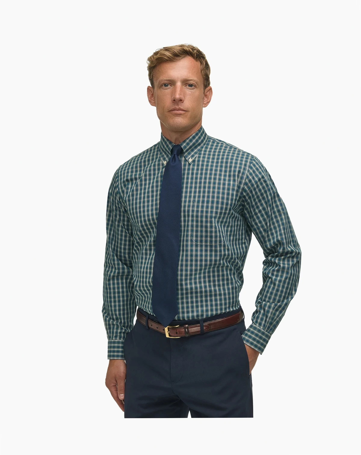 Men's Regular-Fit Polo Button- Down Collar Tartan Plaid Dress Shirt