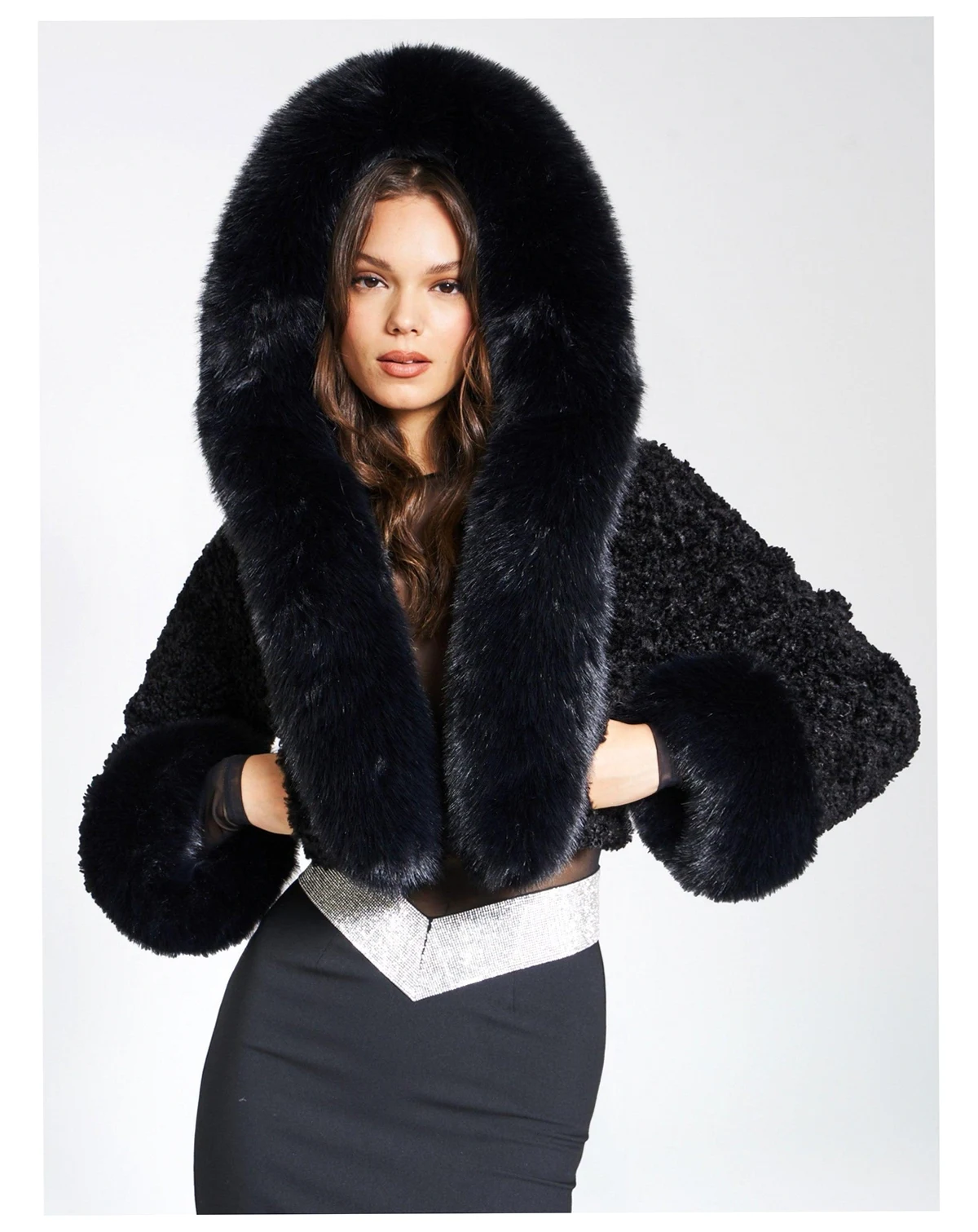 Women's Kali Black Cropped Faux Fur Jacket With Hood