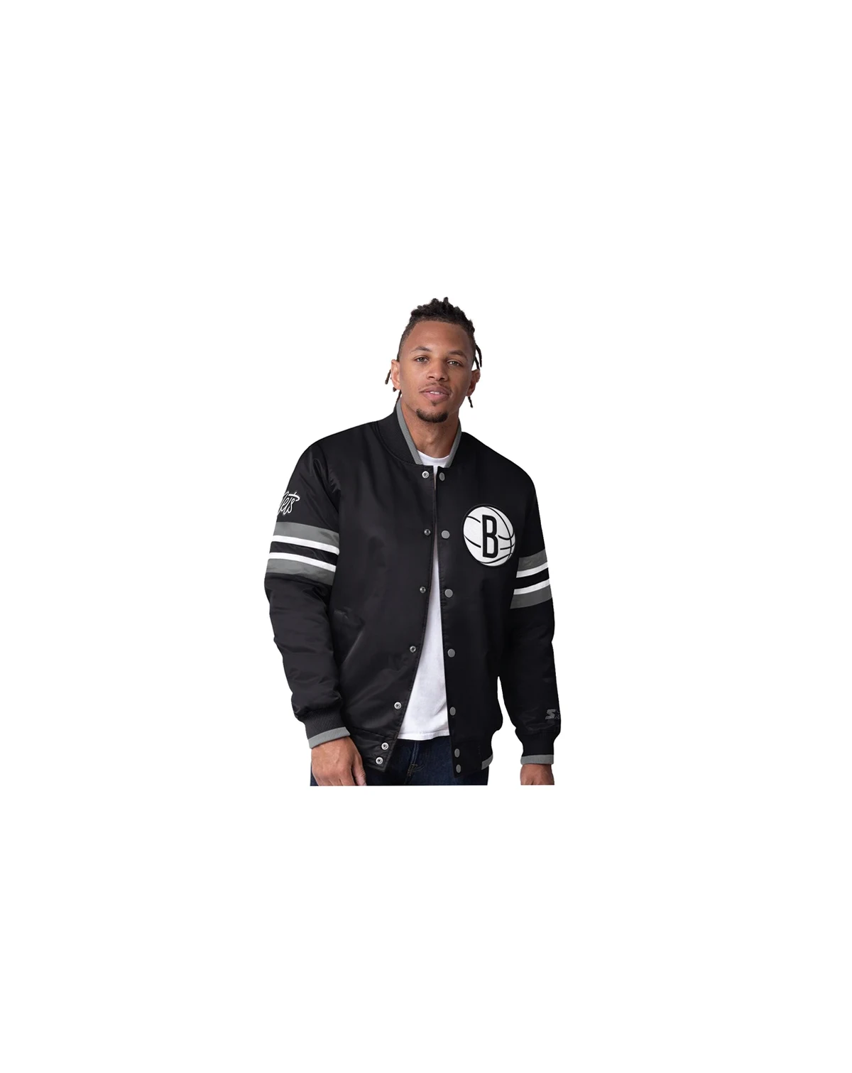 Men's Black Brooklyn Nets Scout Varsity Satin Full-Snap Jacket