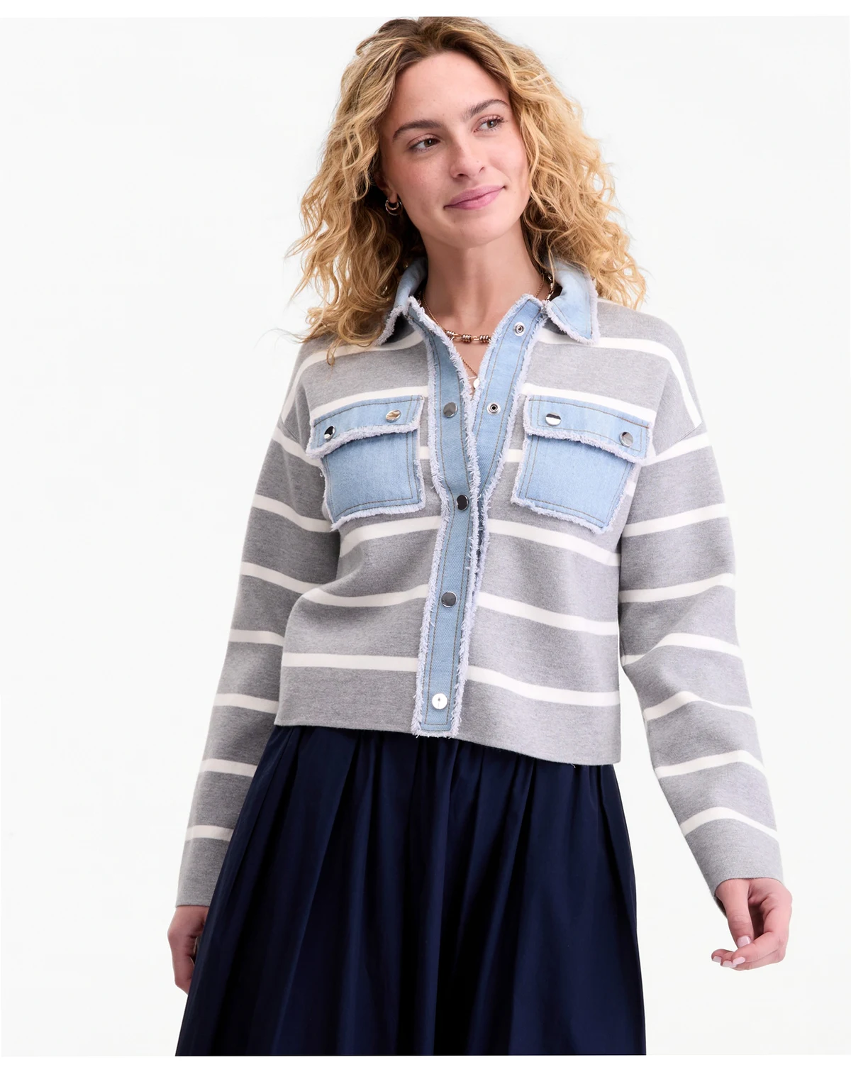 Women's Denim-Trim Striped Cardigan Jacket, Macy's Exclusive