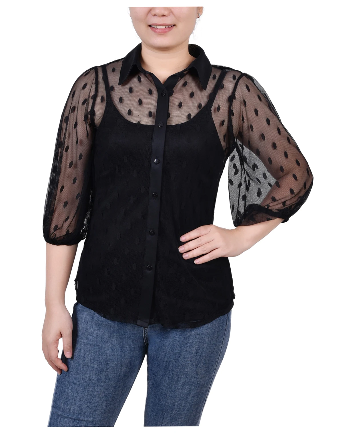 Petite Elbow Sleeve Clip Dot Top