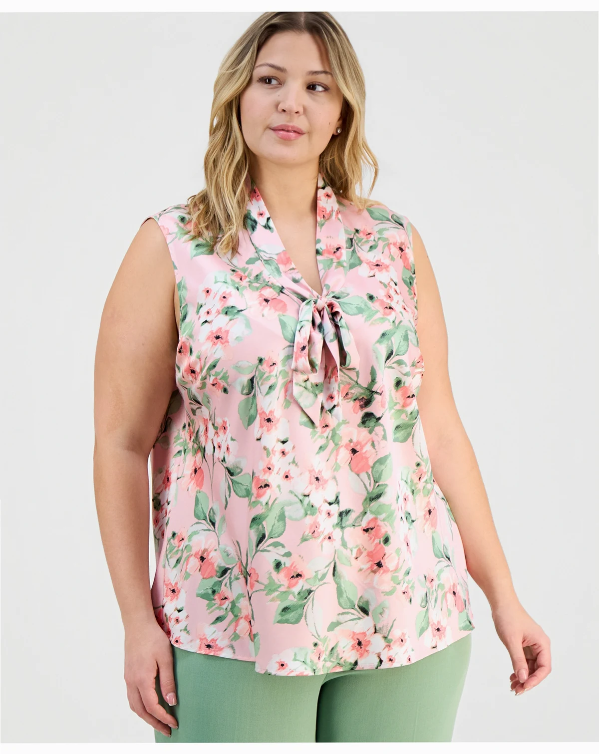 Plus Size Floral-Print Tie-Neck Sleeveless Top