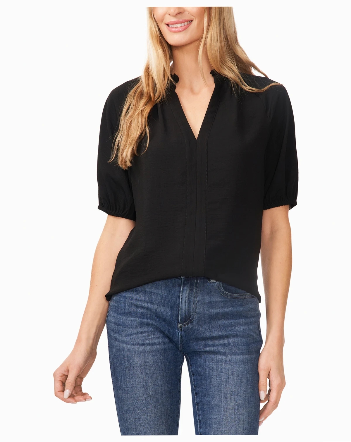 Women's Short Sleeve Ruffle Neck Raglan Split Neck Blouse