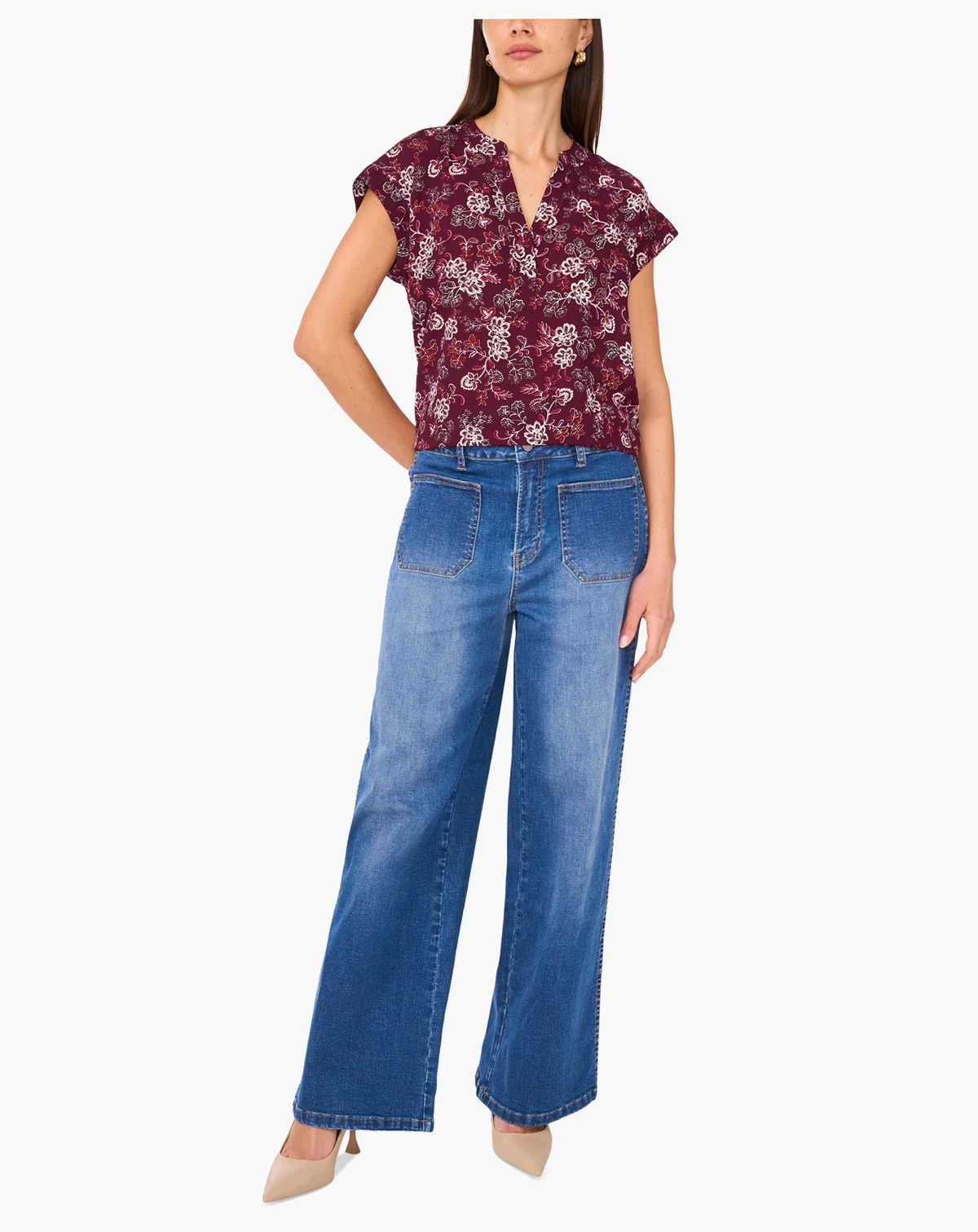 Women's Floral-Print Split-Neck Short-Sleeve Blouse