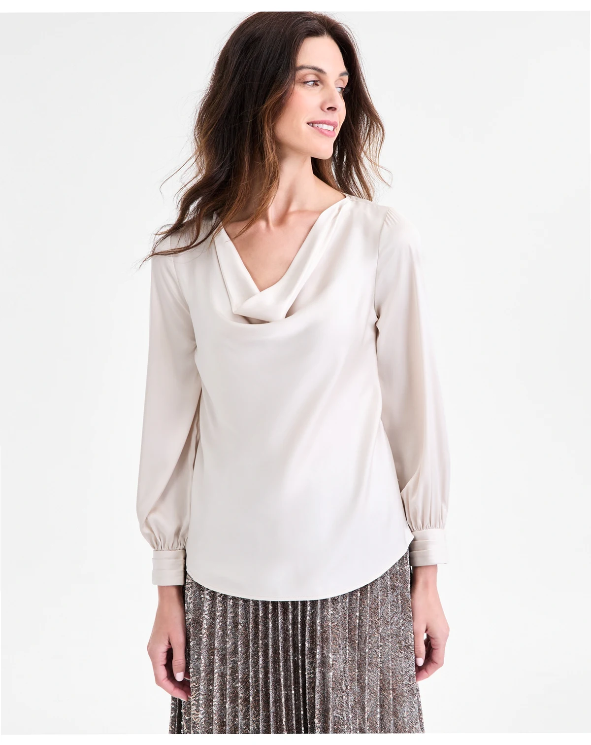Petite Cowl-Neck Long-Sleeve Top