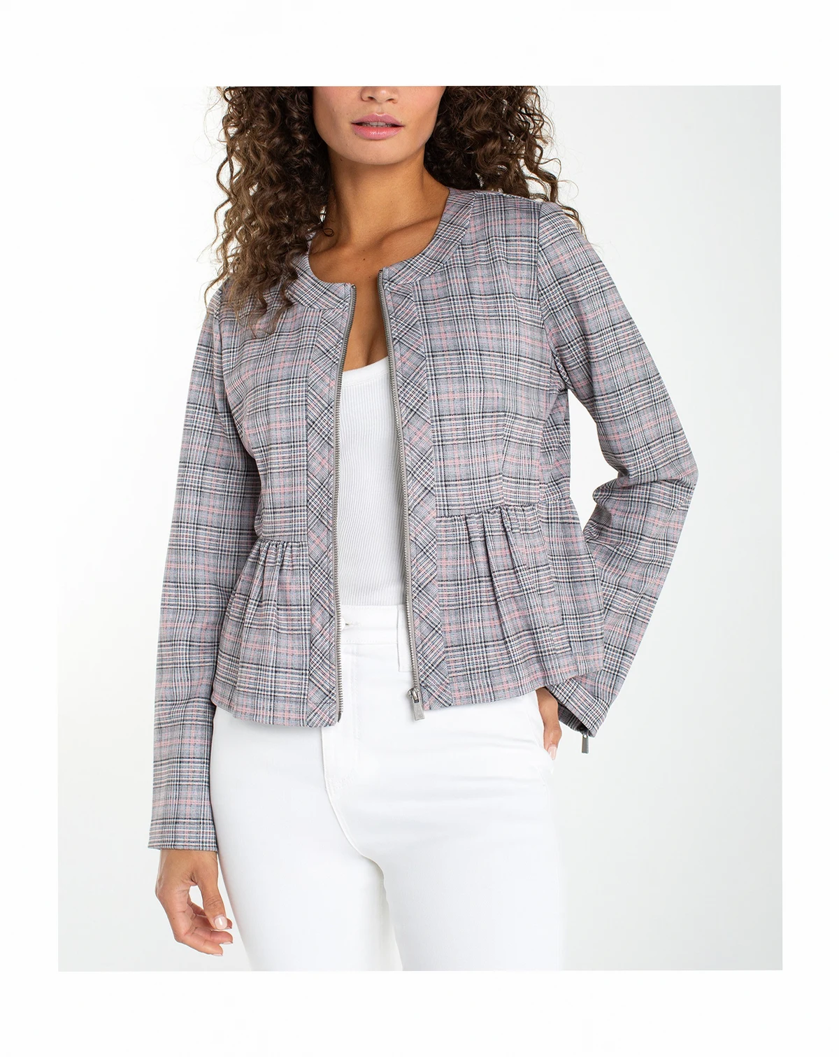 Petite Collarless Zip Front Peplum Jacket