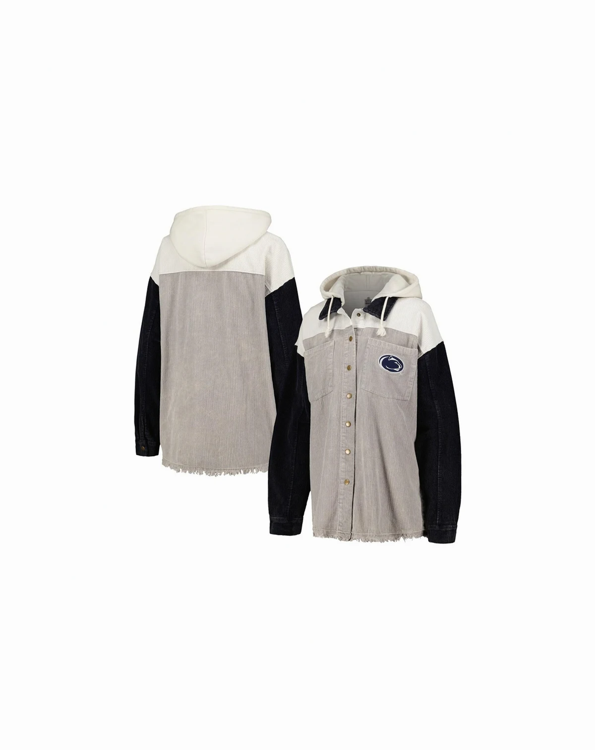 Women's Gray Distressed Penn State Nittany Lions Vintage-Like Wash Corduroy Full-Snap Hooded Shacket