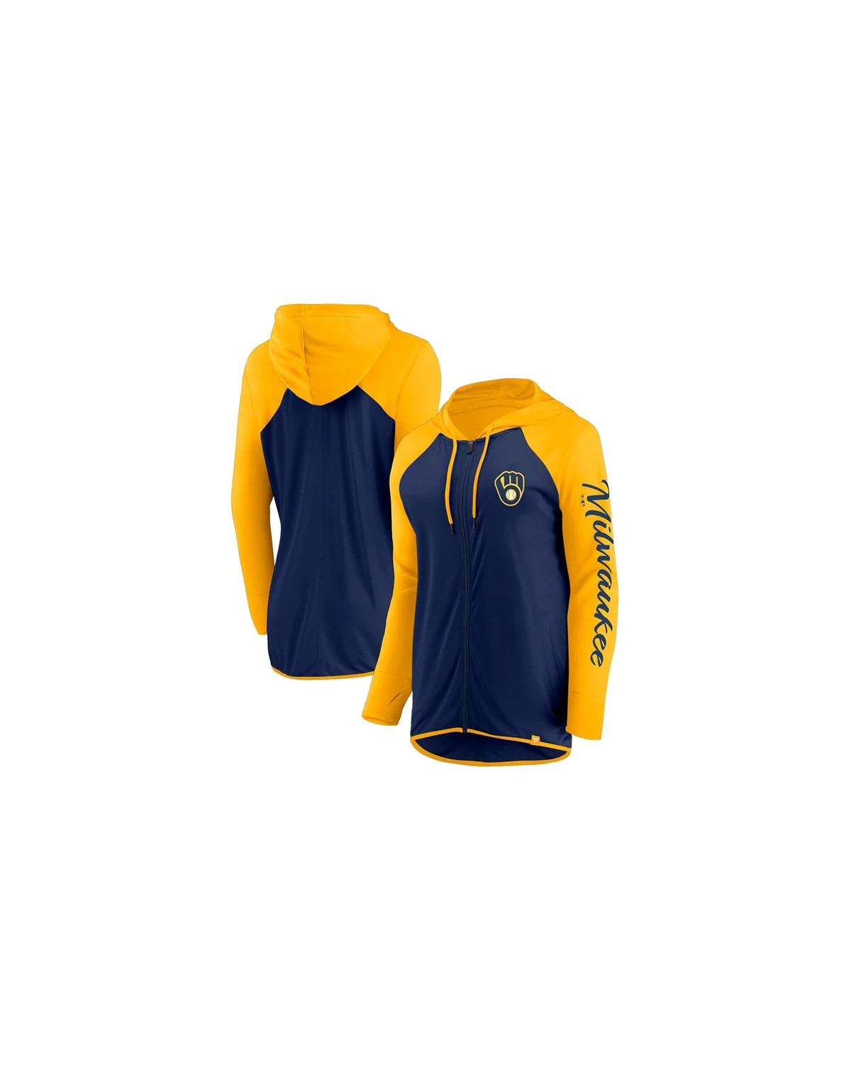 Women's Navy/Gold Milwaukee Brewers Script Sleeve Full-Zip Hoodie