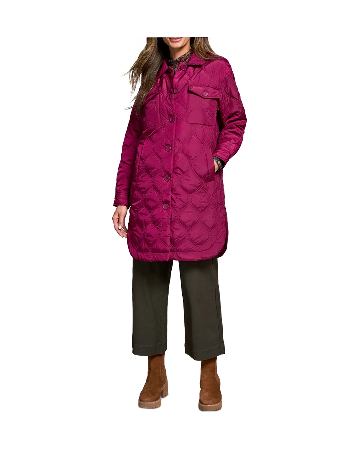 Women's Long Quilted Button-Up Jacket With Pockets