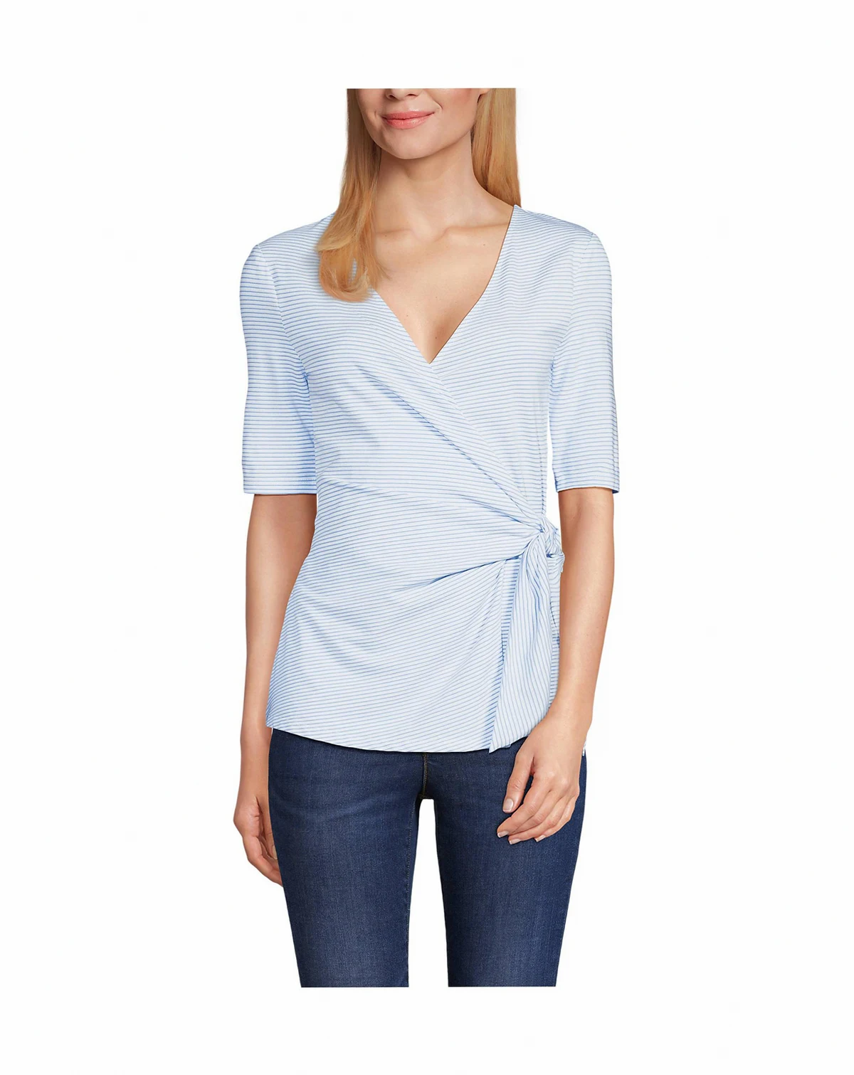 Women's Petite Elbow Sleeve Lightweight Jersey Side Tie Blouse