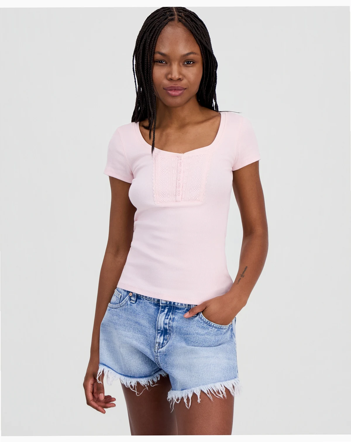 Juniors' Ribbed Lace-Yoke Top