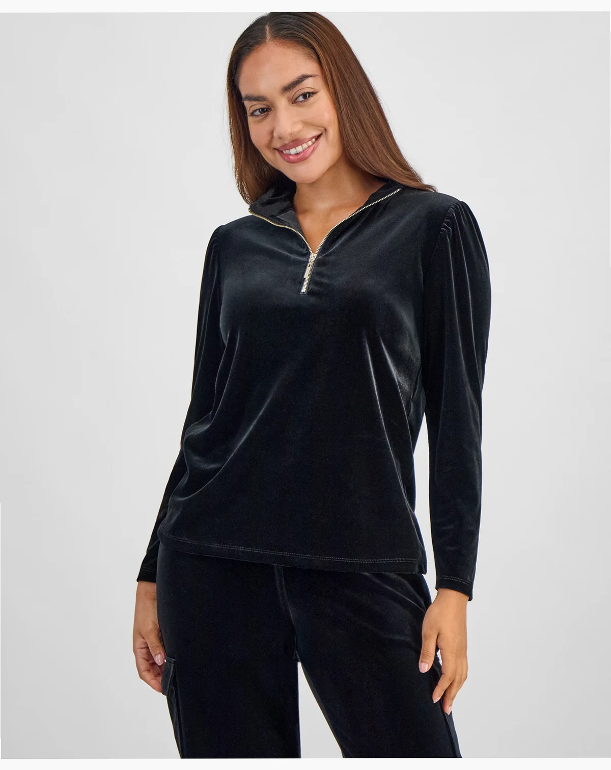 AK Anne Klein Petite Long-Sleeve Quarter-Zip Top