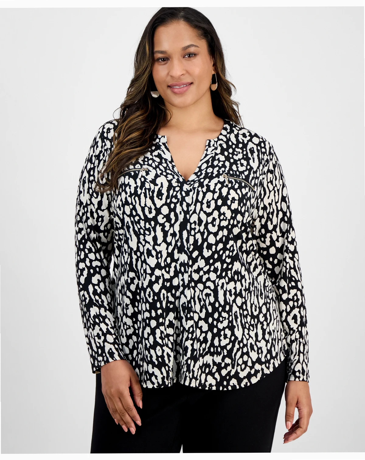 Plus Size Printed V-Neck Long-Sleeve Top
