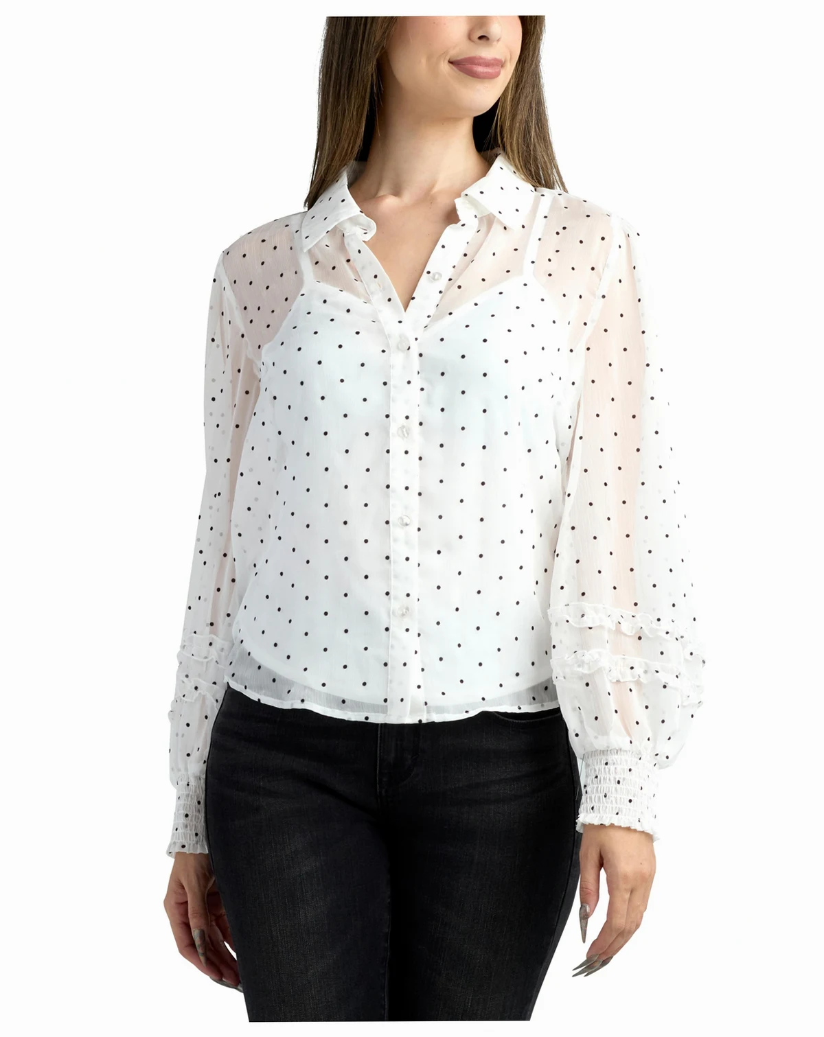Juniors' Flocked Dot Collared Long-Sleeve Top