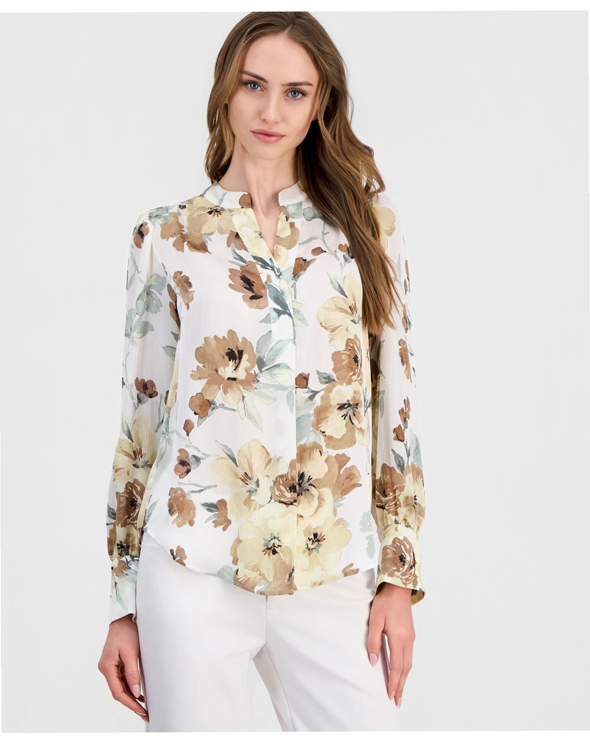 Women's Floral Printed Textured Satin V-Neck Blouse