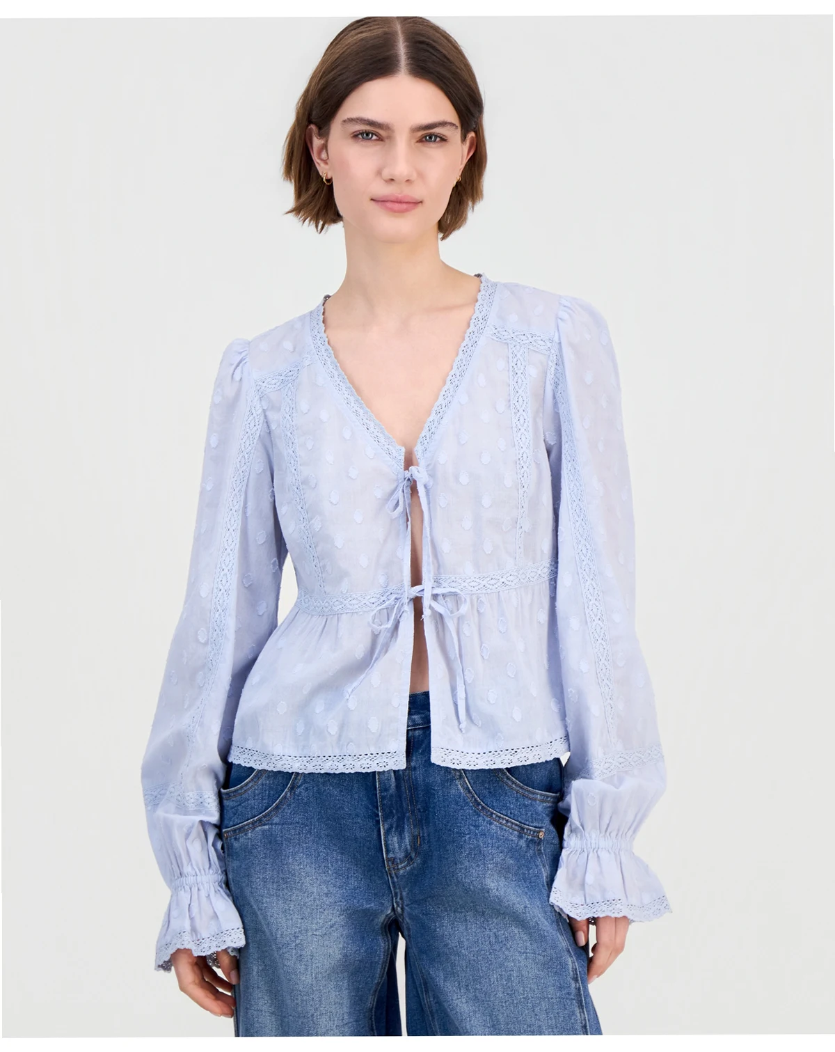 Women's Cotton Lace-Trim Tie-Front Top, Macy's Exclusive