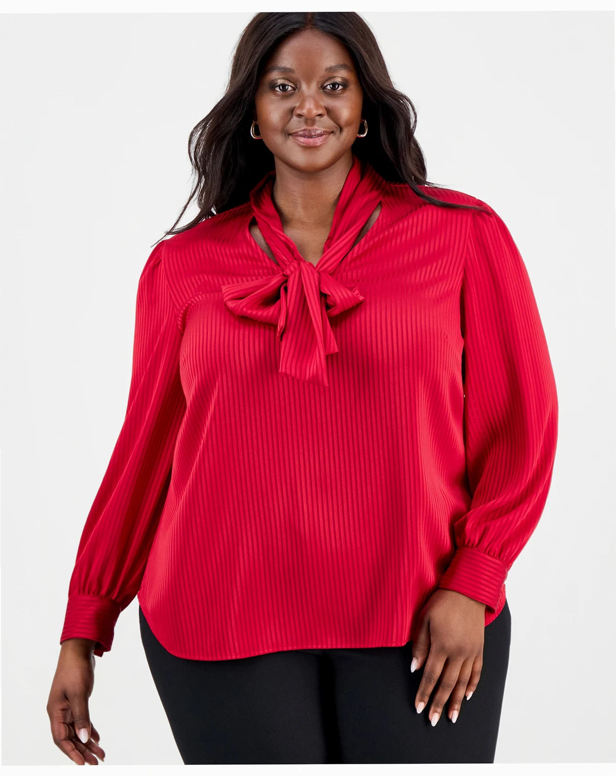 Plus Size Satin Stripe Tie-Neck Long-Sleeve Top