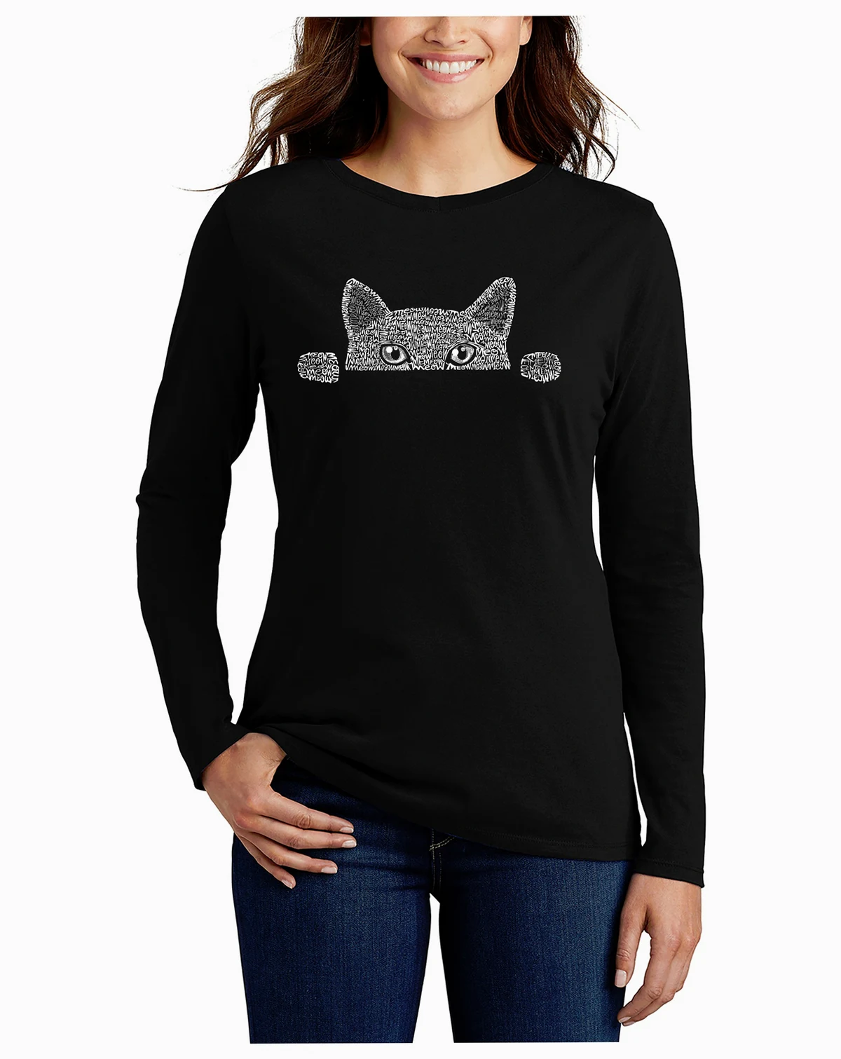 Women's Long Sleeve Word Art Peeking Cat T-shirt