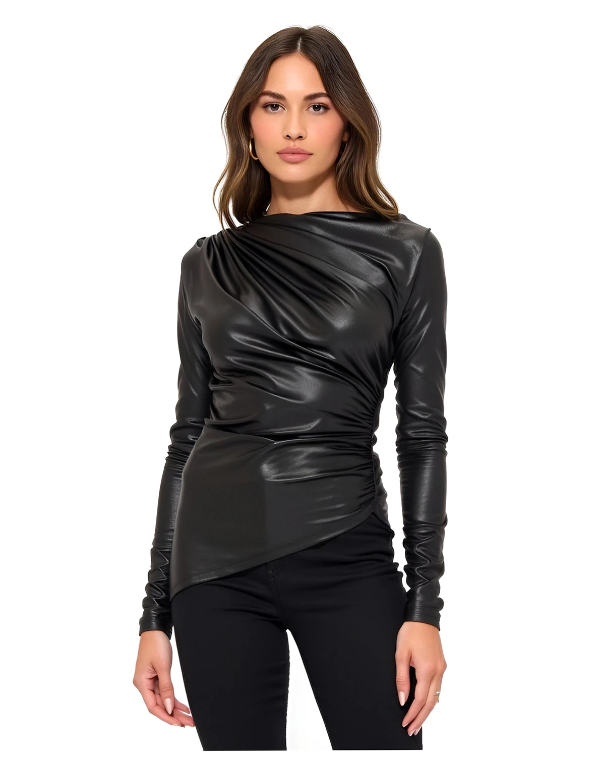 Women's Asymmetrical Faux Leather Long Sleeve Top