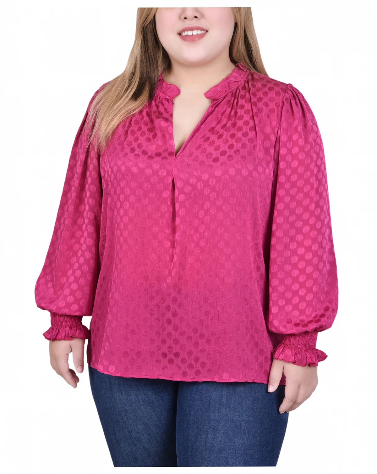Plus Size Long Sleeve Smocked Cuff Blouse
