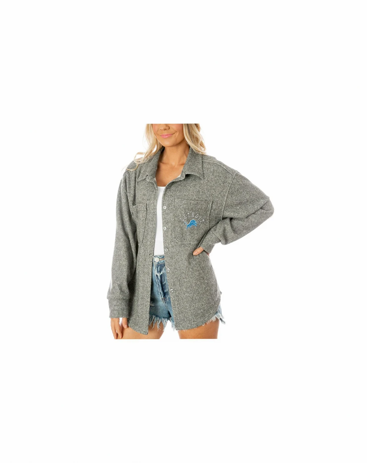 Women's Gray Detroit Lions Oversized Long Pass Button-Up Shacket