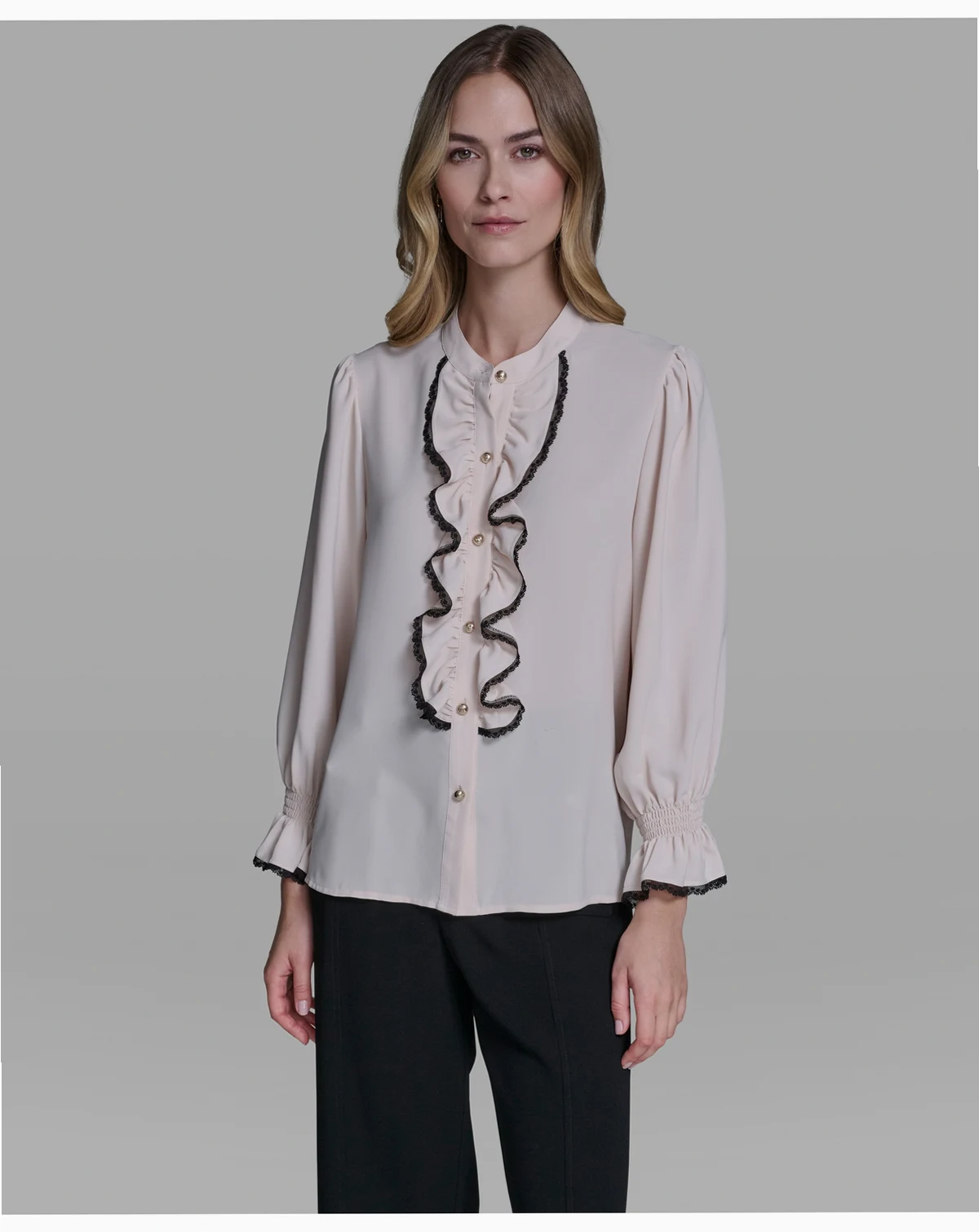 Women's Ruffle Lace Trim Long-Sleeve Blouse