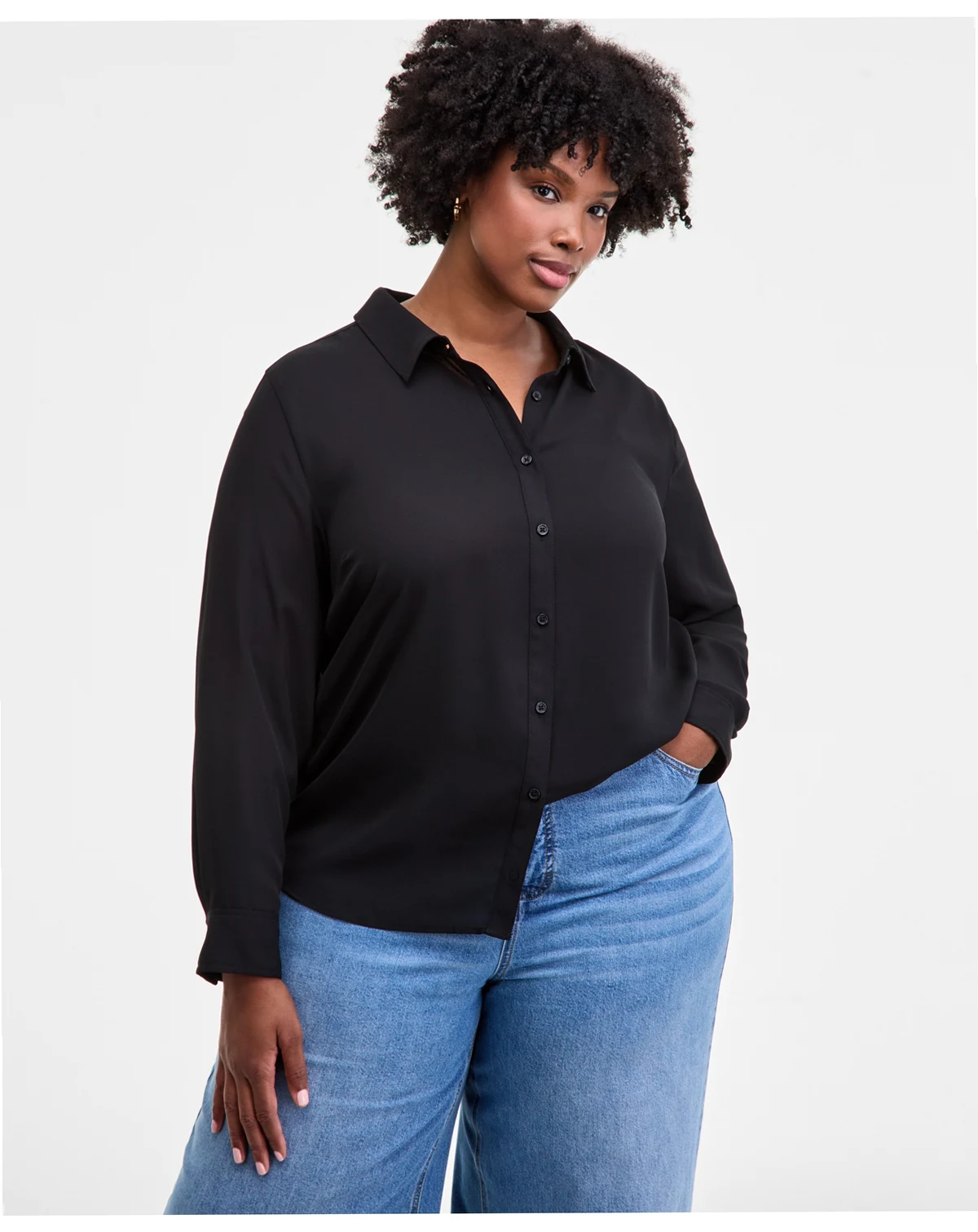 Trendy Plus Solid Button-Front Collared Blouse, Macy's Exclusive