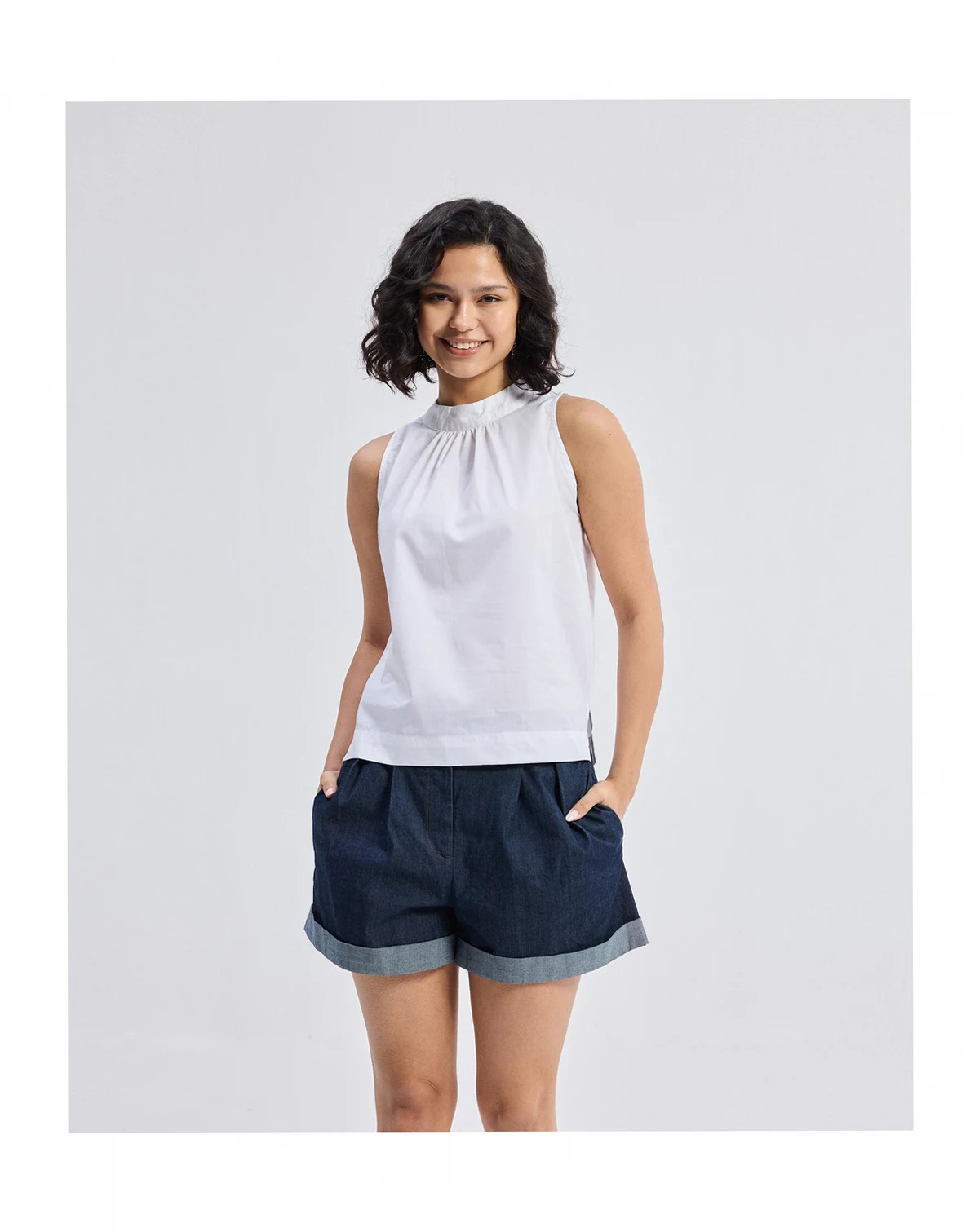 Women's High-Neck Top with Gathers in White
