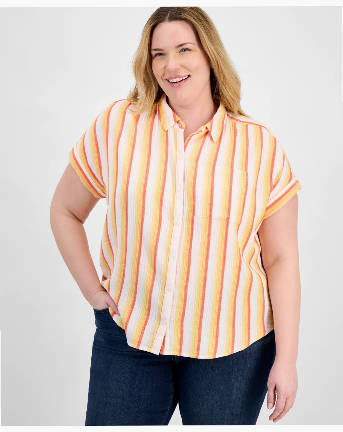 Plus Size Striped Camp Shirt, Exclusively at Macy's