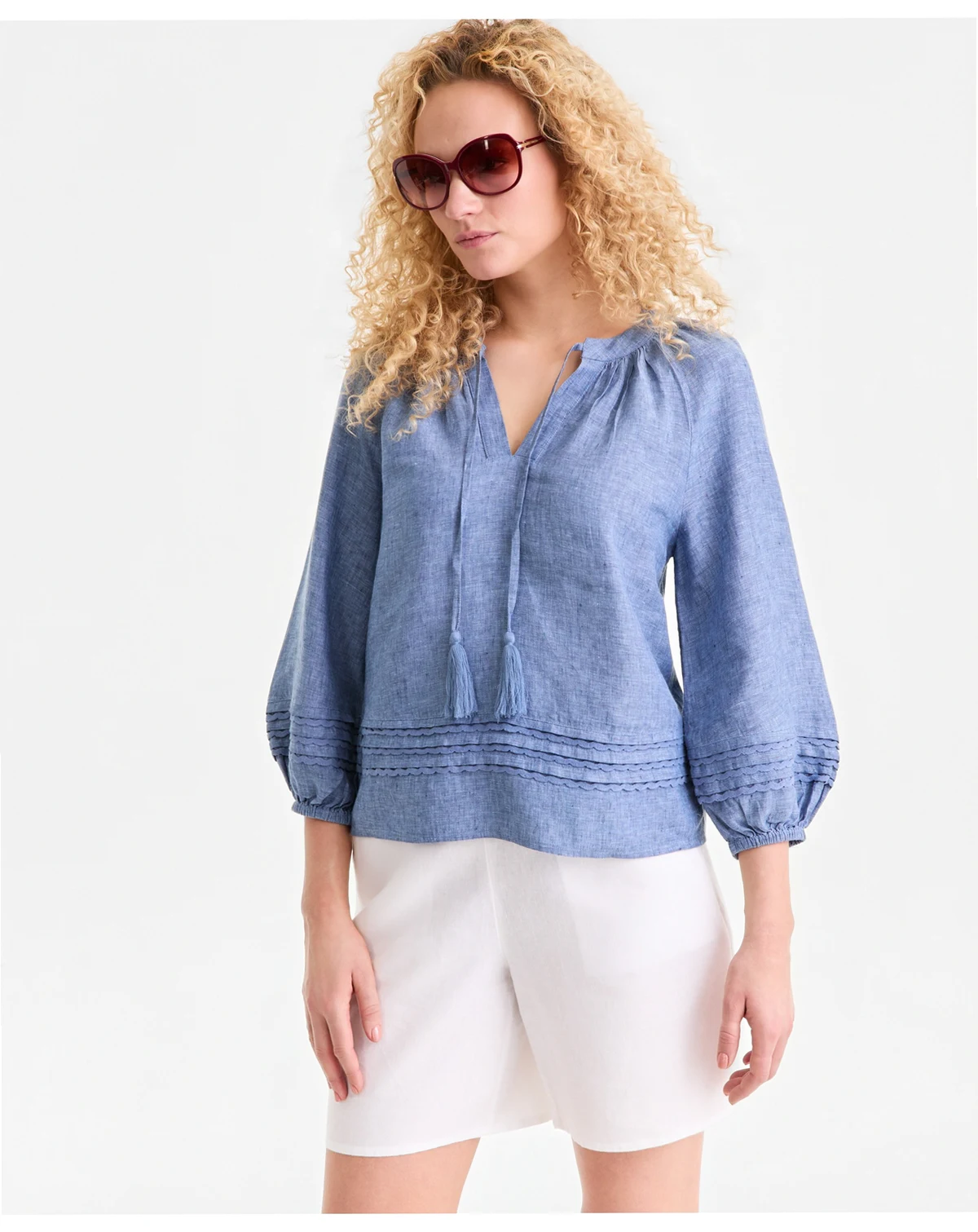 Women's 100% Linen Crochet-Trim Tie-Neck Top, Macy's Exclusive