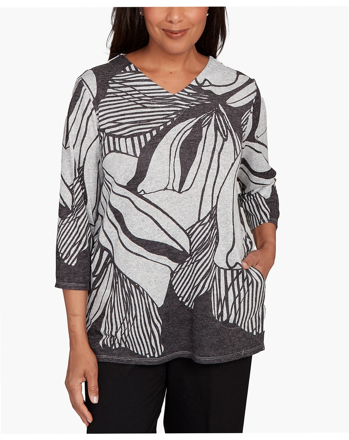 Women's Classic Abstract Floral Stripe V-Neck Top