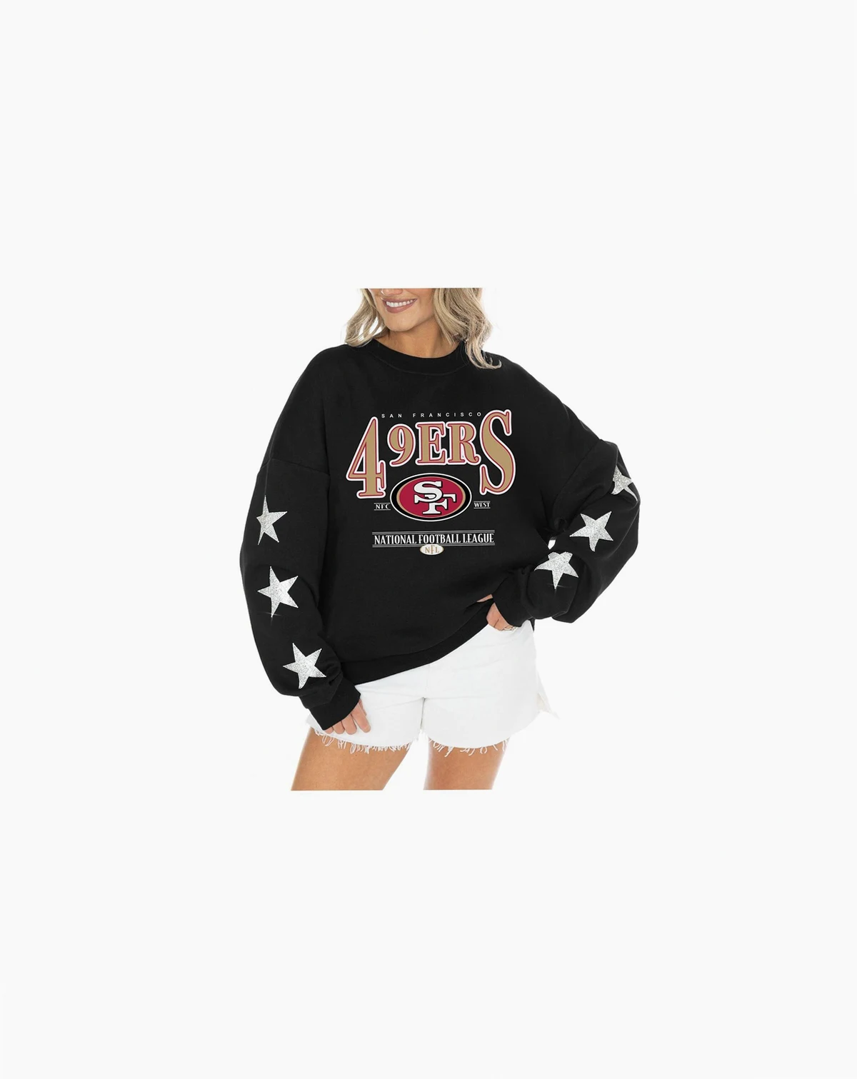 Women's Black San Francisco 49ers Rhinestone Star Sleeve Settle the Score Tri-Blend Pullover