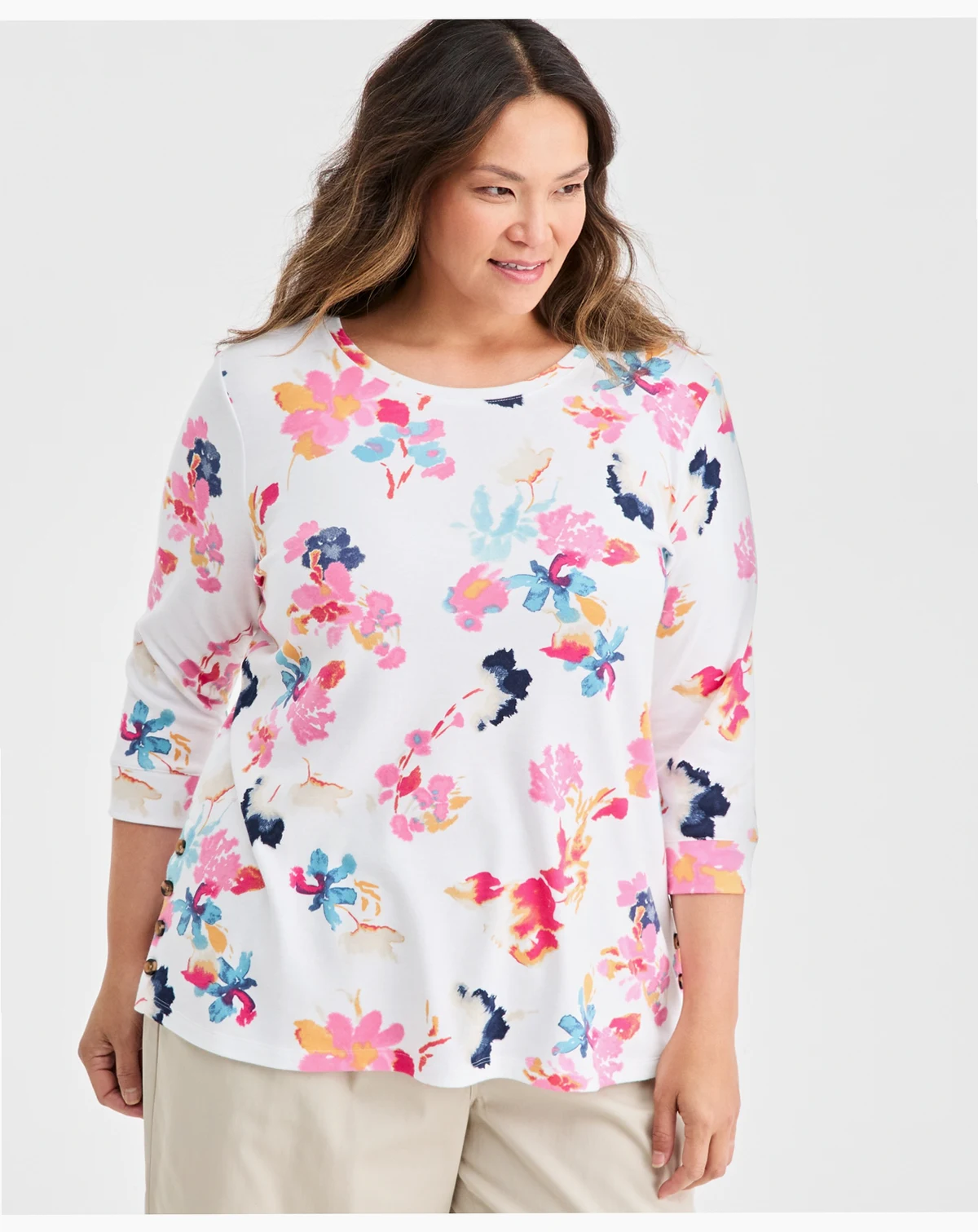 Plus Printed Size Side-Button Knit Tunic Top, Macy's Exclusive
