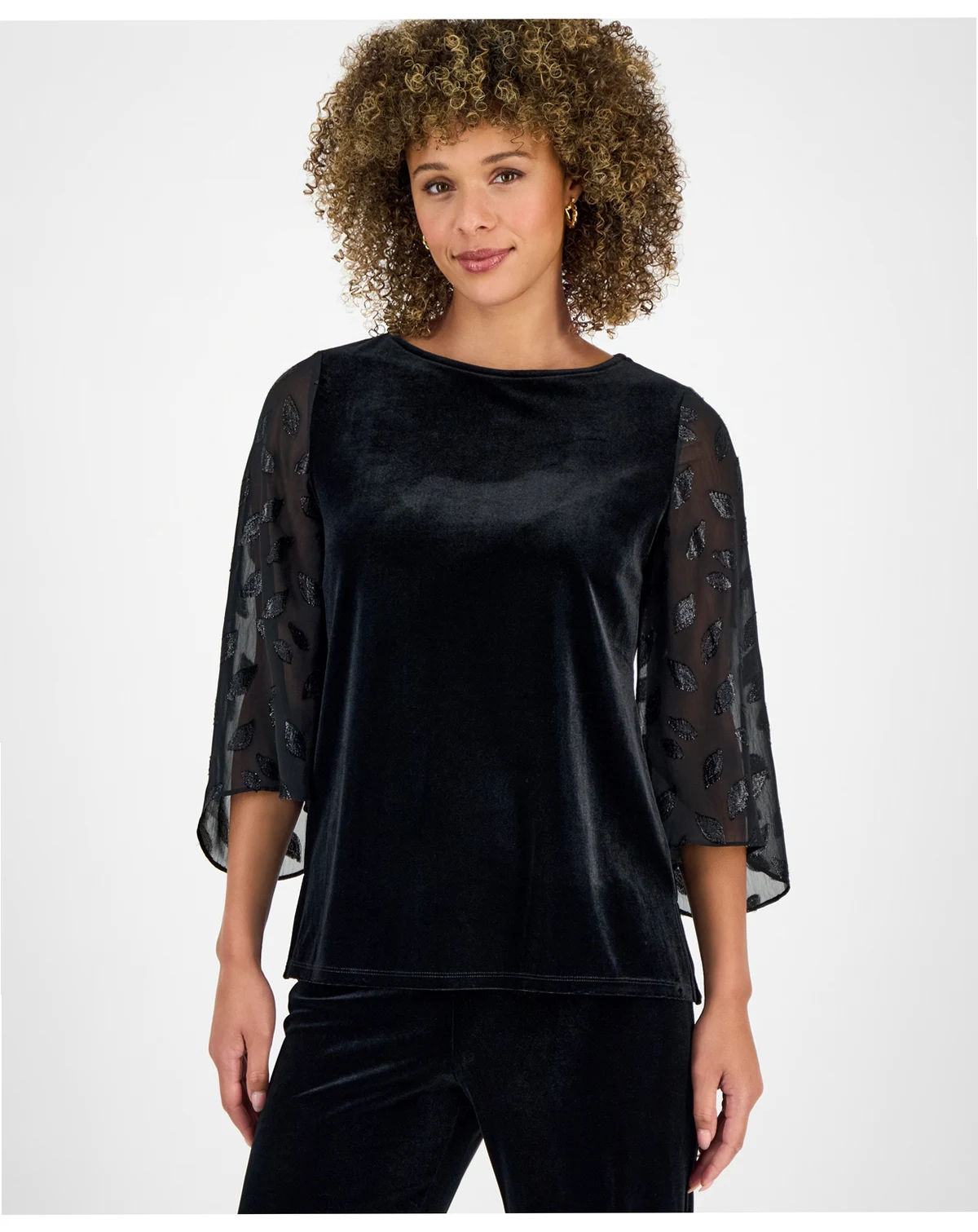 Women's Velvet Mixed-Media 3/4-Sleeve Top
