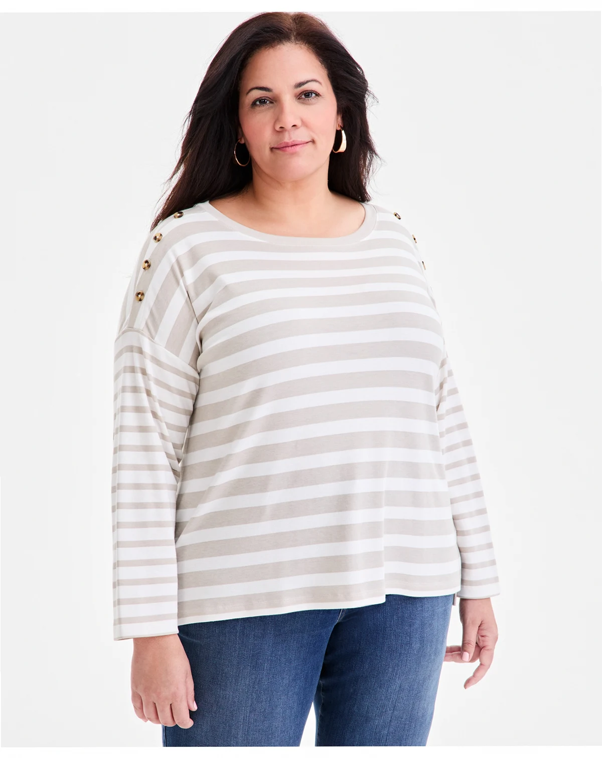 Plus Size Button-Trim Striped Knit Top, Macy's Exclusive