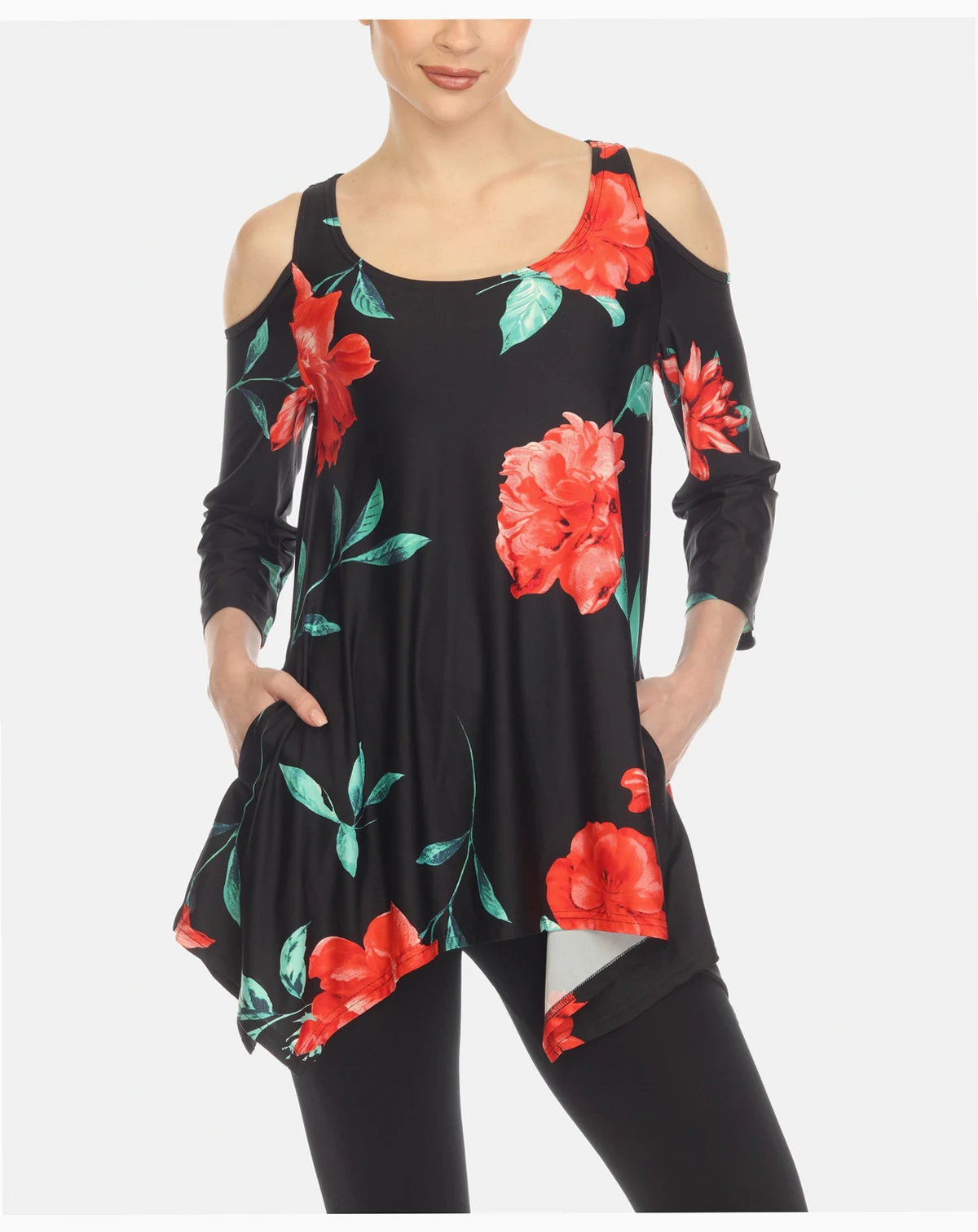 Women's Floral Printed Cold Shoulder Tunic Top