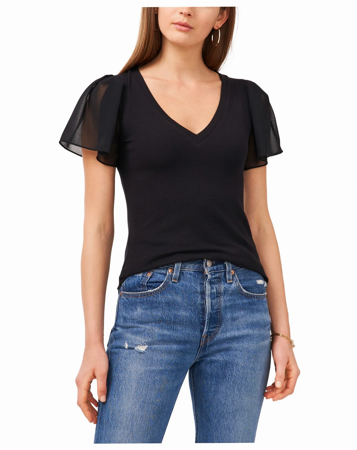 Women's Flutter Short Sleeve V-Neck Knit Top