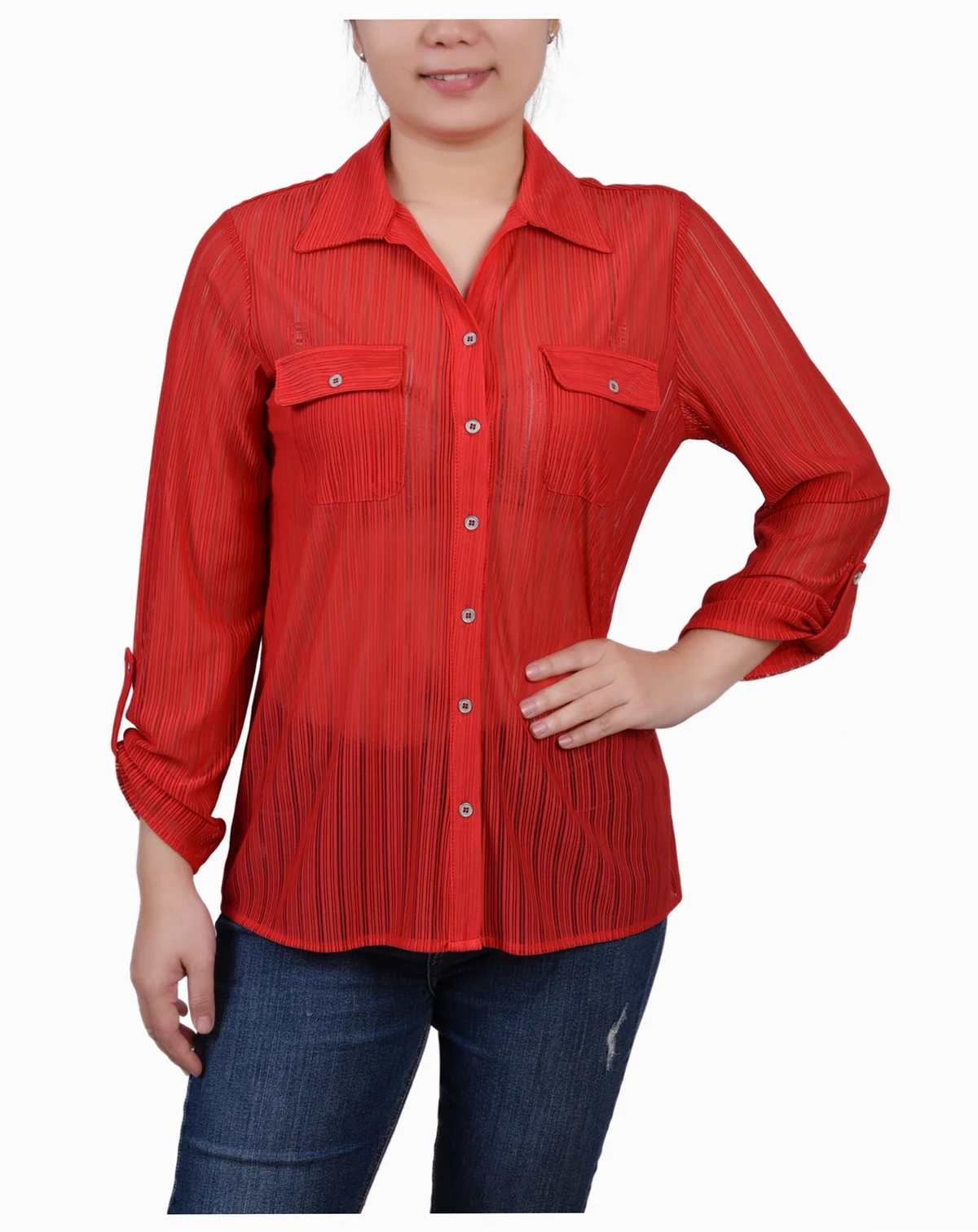 Petite Long Roll Tab Sleeve Burnout Knit Top