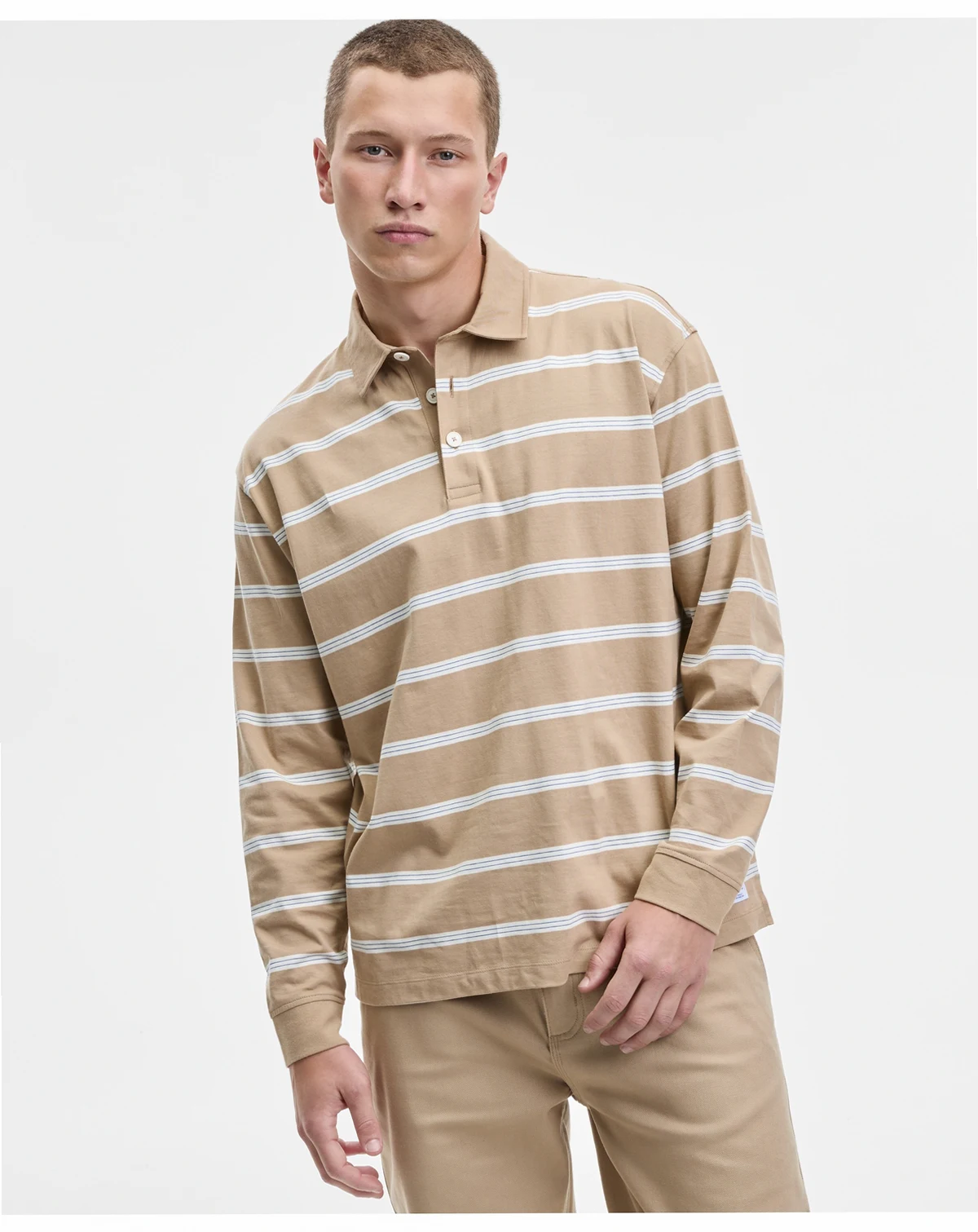Men's Nolongi Relaxed-Fit Long-Sleeve Striped Polo Shirt