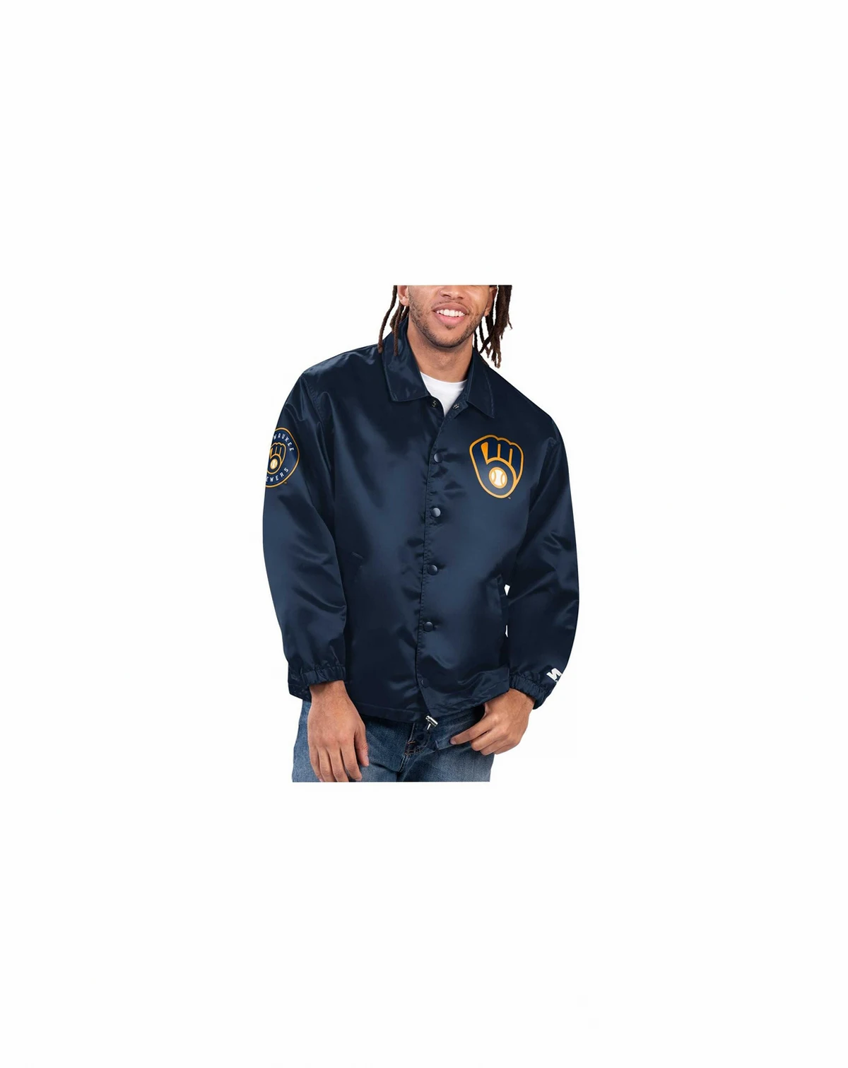 Men's Navy Milwaukee Brewers Option Route Satin Full-Snap Jacket