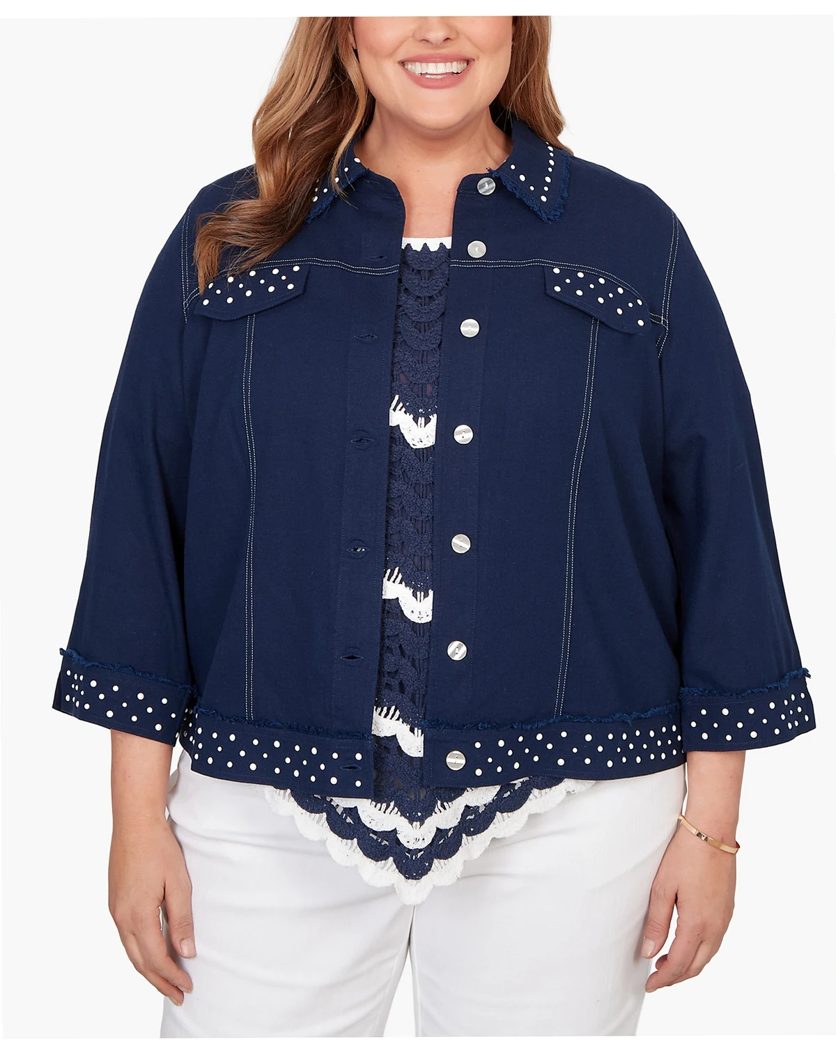 Plus Size Port Side Pearl Trim Denim Jacket