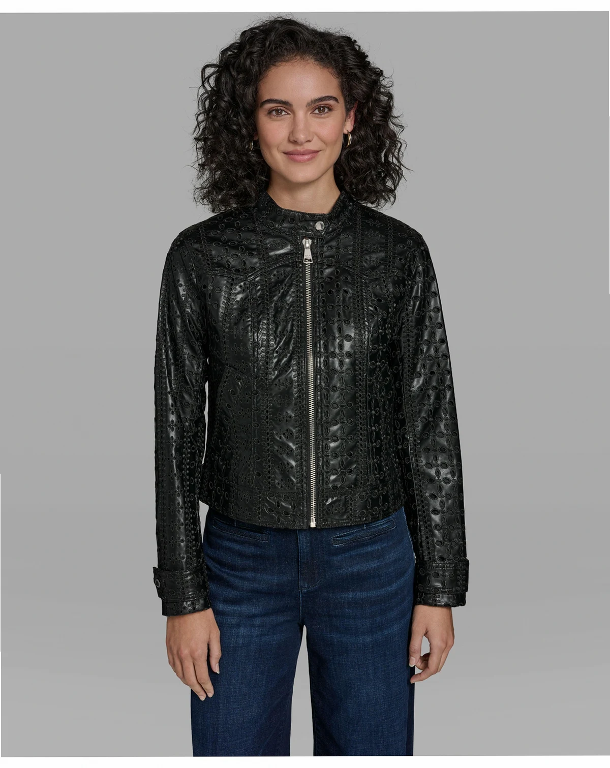 Women's Faux Leather Eyelet Zip Front Jacket